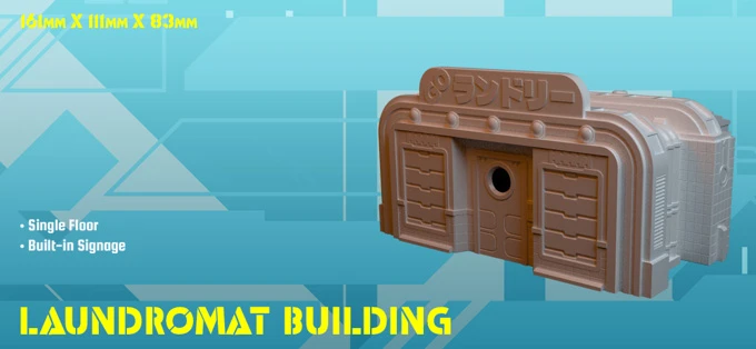 A small, single-floor laundromat building features a distinctive design with built-in signage and a circular window. The structure has a stylized facade, showcasing a blend of cyberpunk aesthetics with geometric patterns in the background. The dimensions of the building are 161mm in width, 111mm in height, and 83mm in depth.