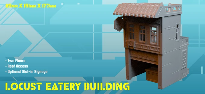 A two-story building designed for tabletop gaming, the Locust Eatery features a detailed exterior with a sloped roof and multiple windows. It includes roof access and optional slot-in signage for added customization. The dimensions of the building are 119mm in height, 151mm in width, and 173mm in depth, set against a blue geometric background.