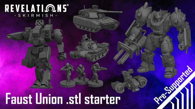 A collection of 3D printable miniatures from the "Faust Union" starter set for the Revelations: Skirmish tabletop wargame is displayed against a vibrant purple and black background. The scene features a large mech with intricate details, a tank, and several infantry figures, all rendered in a dark color scheme. The text "Pre-Supported" is prominently featured in the lower right corner, indicating that these models are ready for 3D printing.