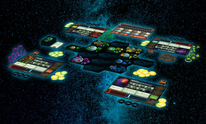 A vibrant sci-fi board game setup for "Hyperspace" is displayed against a starry background, featuring various game components. The board includes multiple player boards, planet tiles, and a variety of colorful miniatures representing alien species, colonies, and spaceships. Tokens and dice are scattered around, emphasizing the game's strategic elements and interstellar theme.