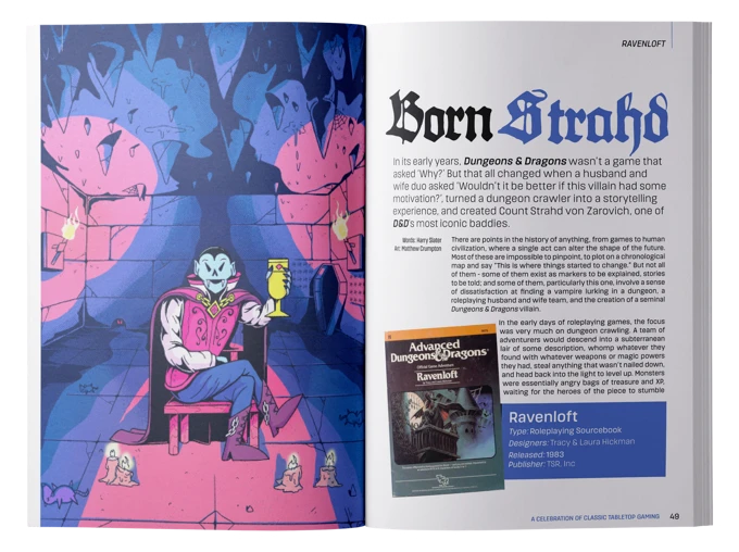 A vibrant illustration features a pale-skinned vampire, Count Strahd von Zarovich, seated on a throne in a dark, gothic setting, holding a goblet. He wears a lavish, dark cloak and has a sinister expression, surrounded by shadowy figures and flickering candles. To the right, text titled "Born Strahd" introduces the article, alongside an image of the "Ravenloft" sourcebook cover, which includes its title and publication details.