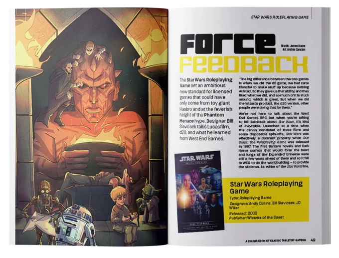 A vibrant illustration features a large, imposing stone statue of a figure with a stern expression, surrounded by characters from the Star Wars universe, including a young boy and R2-D2, who are positioned in the foreground. The background depicts a dark, cavernous space with angular architecture, enhancing the dramatic atmosphere. Accompanying text discusses the ambitious nature of the Star Wars Roleplaying Game, highlighting insights from designer Bill Slavicsek and its impact on licensed games.