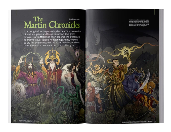 A vibrant illustration fills the pages, showcasing a diverse array of fantasy characters, including wizards, warriors, and monstrous creatures, all set against a dark, atmospheric background. The title "The Martin Chronicles" is prominently displayed in green, highlighting the tribute to artist Martin McKenna, who significantly influenced the visual style of classic RPGs. The characters are depicted in dynamic poses, conveying a sense of action and adventure, while intricate details in their costumes and expressions reflect the rich lore of the gaming world.