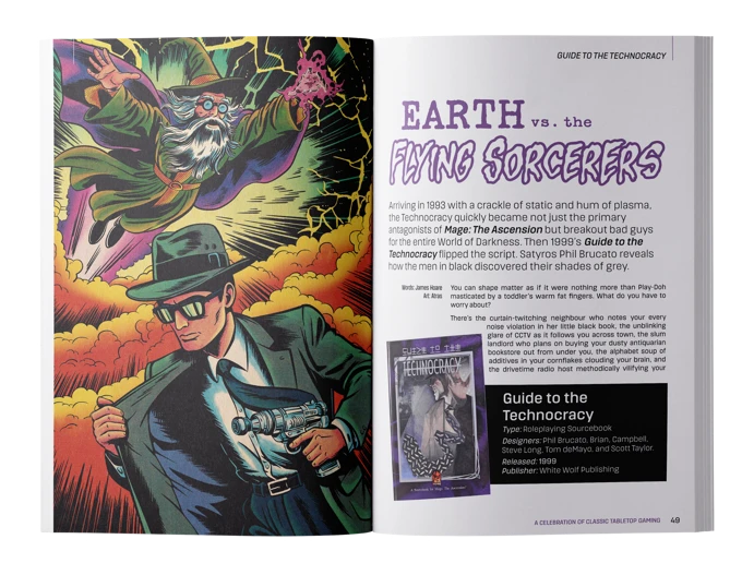 A vibrant illustration features a wizard with a long beard and flowing robes, casting spells amidst a backdrop of swirling clouds and lightning. In the foreground, a character dressed in a suit and sunglasses holds a futuristic device, embodying a blend of mystery and action. The text "EARTH vs. the FLYING SORCERERS" is prominently displayed, alongside a section titled "Guide to the Technocracy," which includes details about the role-playing sourcebook and its creators.