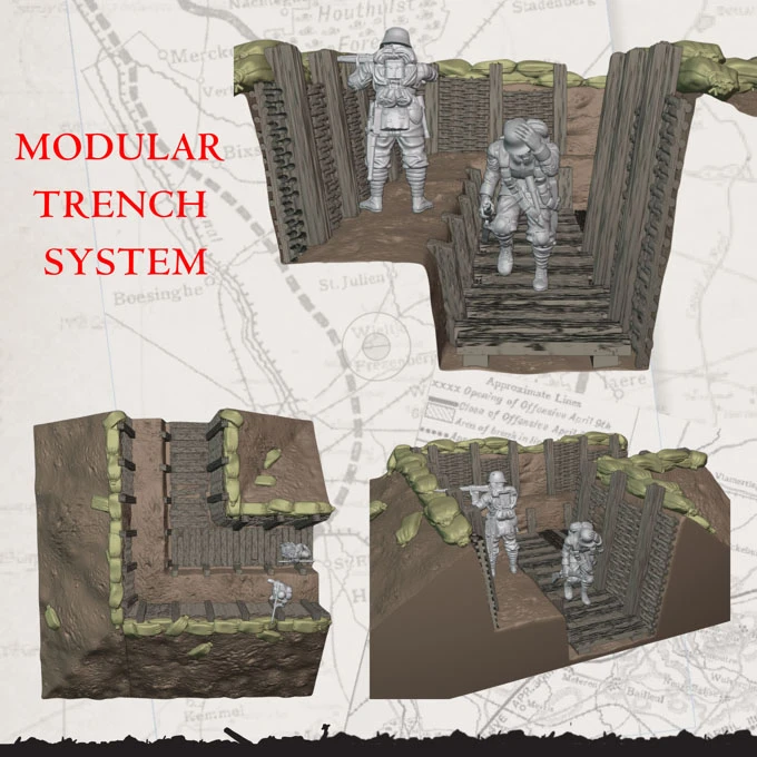 A modular trench system is depicted, showcasing three different views of intricately designed trench sections. The trenches feature wooden walls with sandbags on top, and two miniature soldiers are positioned within the trenches, one standing and one climbing. The background includes a faded map, adding historical context to the scene, while the text "MODULAR TRENCH SYSTEM" is prominently displayed in red.