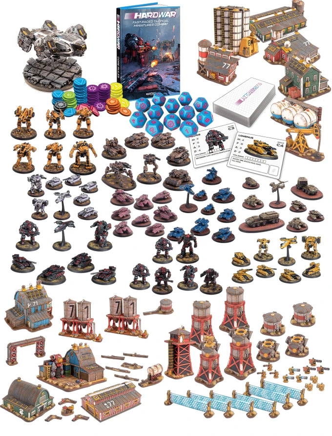 A diverse array of miniatures and game components for the tabletop wargame