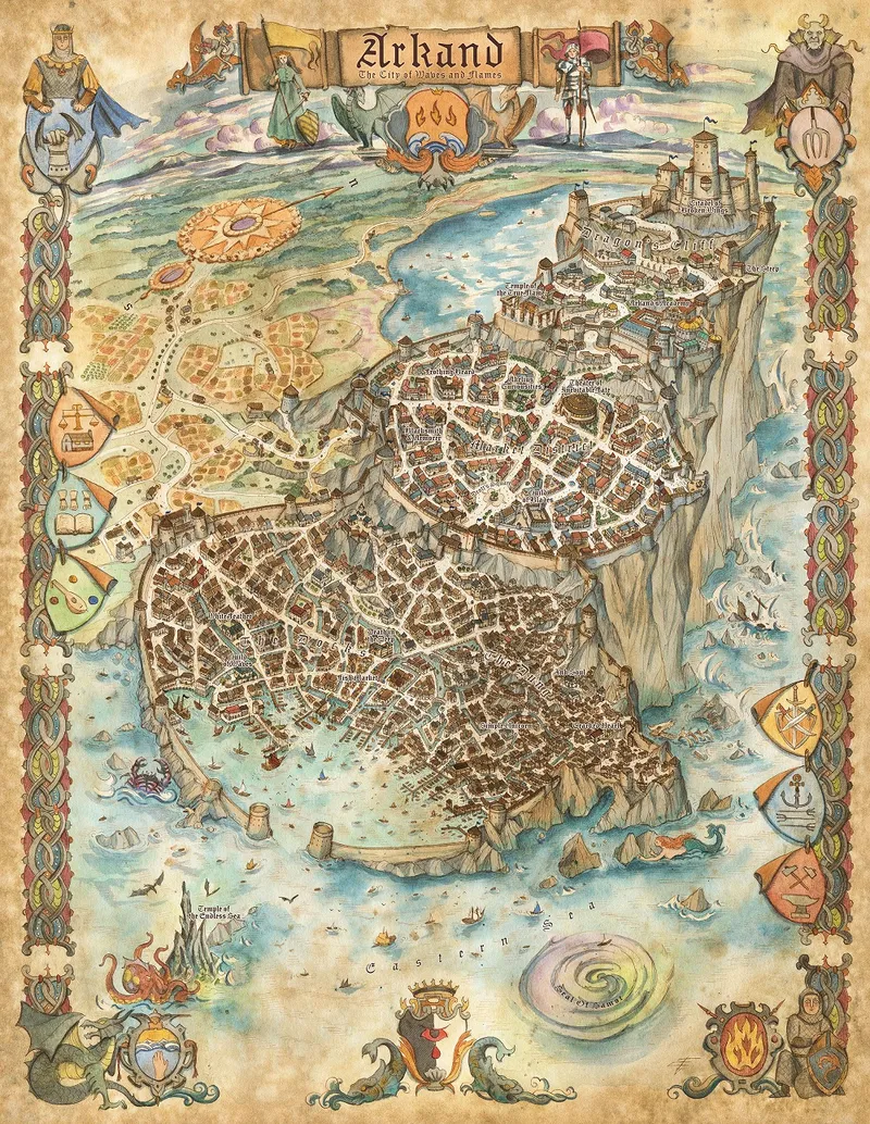 A detailed fantasy map of Arkand, City of Waves and Flames, with buildings, cliffs, and sea monsters.