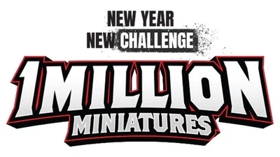 The image features bold, stylized text that reads "MILLION MINIATURES" prominently in the center, with a dynamic design that includes sharp edges and a black and red color scheme. Above this, the phrases "NEW YEAR" and "NEW CHALLENGE" are displayed in a smaller font, emphasizing a fresh start or initiative. The overall design conveys excitement and energy, suitable for a gaming or hobby context.