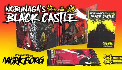 "NOBUNAGA'S BLACK CASTLE" book covers, open book with text and illustrations, yellow background.
