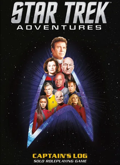 A starfield background with the text "STAR TREK ADVENTURES" at the top. Below, a group of nine characters from Star Trek are arranged in a triangular formation. The characters are from various series and include both human and alien figures, all wearing Starfleet uniforms or other recognizable attire. The arrangement is set against a glowing, triangular warp trail effect.