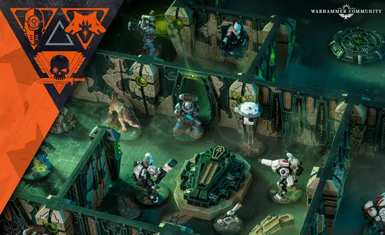 A detailed tabletop scene showcases a Kill Team game setup featuring miniatures from the Space Wolves and Tau factions. In the foreground, a Space Wolf in blue armor stands beside a green, ornate tomb-like structure, while two Tau in XV26 battlesuits are positioned nearby, ready for action. The backdrop includes intricately designed walls with glowing green accents and a hovering drone, creating a sci-fi atmosphere within a Tomb World killzone.