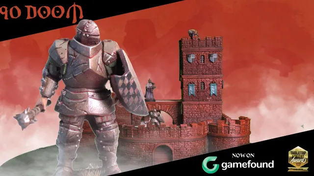 A detailed scene features a medieval-style castle tower made of dark stone, complete with battlements and blue banners hanging from the windows. In the foreground, a knight in armor holds a shield adorned with a checkered pattern, standing ready for battle. The background is filled with a dramatic red sky, enhancing the grimdark atmosphere of the setting. The text "NOW ON gamefound" is prominently displayed in the lower corner, along with a badge indicating a tabletop gaming award.