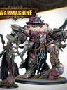 Exulon Nostilla, a Cephalyx psychic, stands on the left, adorned in dark robes with intricate mechanical details and glowing pink accents. Beside her is Aberration, a large, muscular monstrosity equipped with various mechanical enhancements and weapons, showcasing a mix of flesh and metal. Both figures are set against a neutral background, with the "WARMACHINE" logo prominently displayed at the top.