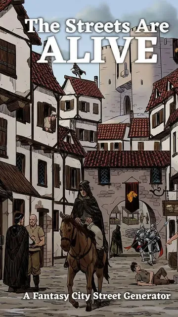 Medieval street with people, horse, and buildings. Text: A Fantasy City Street Generator
