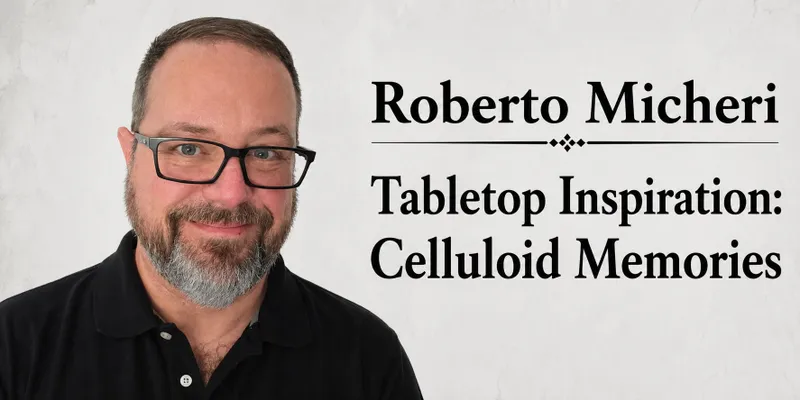 Man with glasses and beard, text: "Roberto M Tabletop In Celluloid M"