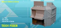 A two-story building model titled "Tech Fixer," designed for 3D printing, features a detailed facade with a sloped roof and an awning. The structure includes roof access and optional slot-in signage, enhancing its customization for tabletop gaming. The dimensions of the model are 180mm in height, 250mm in width, and 224mm in depth, set against a light blue background.