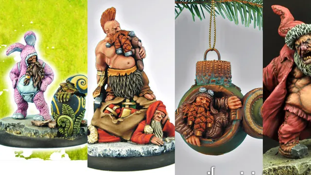A collection of festive decorations features three distinct items. On the left, a whimsical miniature depicts a large, bearded figure with a playful expression, holding a small toy and surrounded by smaller figures. The center showcases a round ornament with a detailed design, featuring a bearded character in goggles peeking out. On the right, another miniature presents a red-cloaked figure with a mischievous look, adding to the festive theme. All pieces are intricately painted and designed for holiday decor.