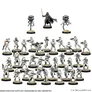 A collection of unassembled and unpainted Star Wars: Legion miniatures is displayed, featuring a variety of figures. Prominently in the center is Darth Vader, wielding a red lightsaber, flanked by two probe droids. Surrounding them are numerous Stormtroopers, each in different poses, equipped with blasters, set on bases with a grassy texture. The overall scene conveys a military theme, suitable for tabletop gaming.