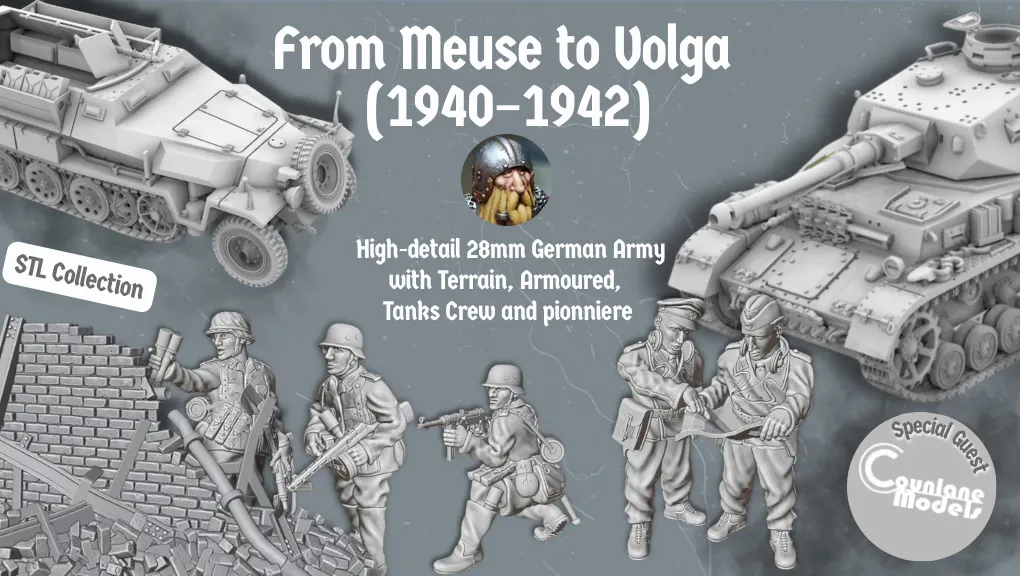 A collection of detailed 28mm German army miniatures and vehicles is showcased, featuring a half-tracked armoured personnel carrier alongside various soldiers in dynamic poses, equipped with weapons like the MG34 and Mauser K98. The background includes a textured wall of bricks, enhancing the historical context. The text highlights the campaign title "From Meuse to Volga (1940-1942)" and mentions the STL collection for 3D printing.