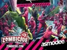 A chaotic scene featuring numerous figures in pink hooded jumpsuits and black masks, some holding weapons, in a colorful, multi-level setting with stairs and platforms. A central figure in a black hooded robe and mask stands prominently. The background includes text: "NETFLIX SQUID GAME Coming in 2026 THE GAME WILL NOT STOP". In the foreground, the text "ZOMBICIDE 2nd EDITION ZOMBICIDE.COM" and the logo "asmodee" are visible.