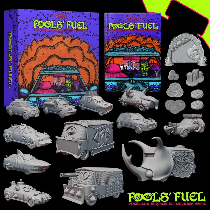 A vibrant display features the "Fool's Fuel" game box and rulebook, showcasing colorful artwork with a greenskin character and a chaotic landscape. Surrounding the books are various 3D-printed miniature vehicles, each with unique designs, including a sleek car, a van with an eye motif, and a whimsical vehicle resembling a creature. Additional elements include tokens and accessories, all set against a black background, emphasizing the game's dynamic and fantastical theme.