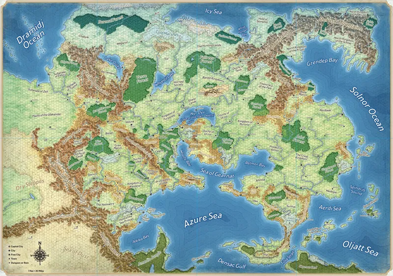 A detailed map of the Greyhawk campaign setting, featuring various geographical features such as mountains, forests, and bodies of water. The map is divided into hexagonal sections, with labels indicating locations like the "Dramidj Ocean," "Azure Sea," and various cities and regions such as "Greyhawk City" and "Duchy of Tenh." The color palette includes greens for forests, browns for mountains, and blues for water, providing a vibrant representation of the world of Oerth.