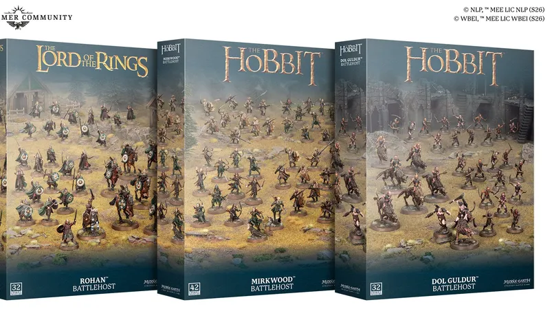 Two boxes labeled "Mirkwood Battlehost" and "Dol Guldur Battlehost" with miniature figures and "The Hobbit" text.