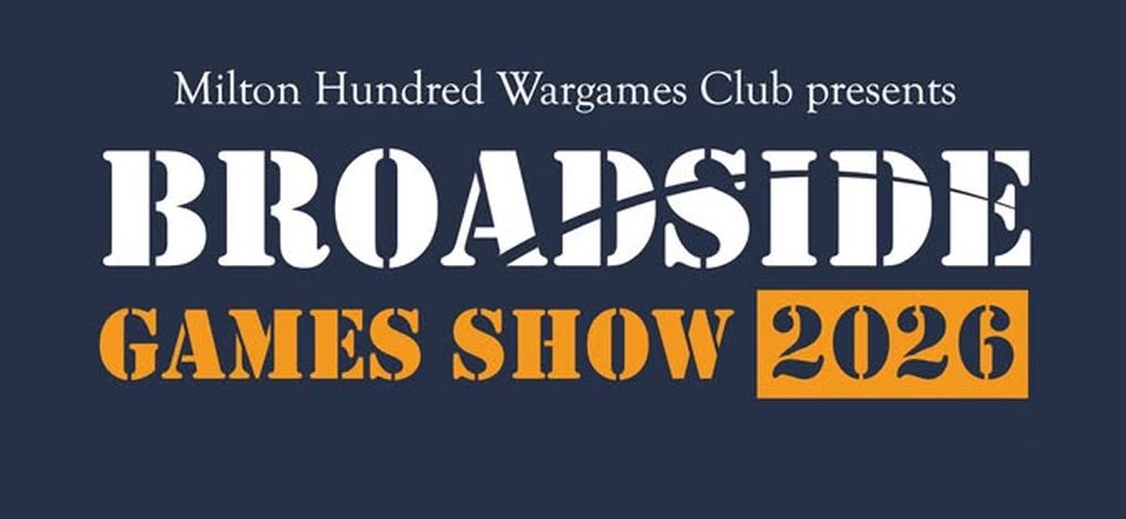A promotional graphic for the Milton Hundred Wargames Club's annual convention features the title "BROADSIDE GAMES SHOW 2023" prominently displayed in bold, stylized text. The background is a deep navy blue, with the club's name at the top in white, and the year highlighted in orange. The design conveys a sense of excitement and anticipation for the event, which includes display games, trade stands, and participation areas.
