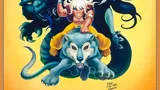 The cover of the ElfQuest roleplaying game box. At the top, the title "ElfQuest" is in large blue stylized letters, with the subtitle "The Official Roleplaying Game" beneath it in smaller black text. In the center, a blonde elf with pointed ears and a yellow outfit holds a dagger, standing on the back of a gray wolf with its mouth open. Behind them, a large blue panther-like creature looms, and a blue-skinned figure with long black hair and a white outfit is partially visible. The background is a gradient of yellow and orange. In the bottom right corner, the text "Pini 83" is visible.