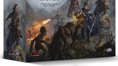 A box cover for "The Witcher: Legacy" features a dramatic scene with several characters engaged in battle against monstrous creatures. The central figure, wielding magic, is flanked by warriors with weapons drawn, set against a backdrop of rugged mountains and a stormy sky. The title "THE WITCHER LEGACY" is prominently displayed at the top, along with the names of the game designer and publisher.