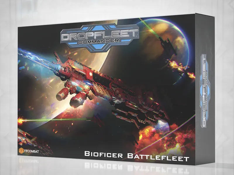 A vibrant box cover for the "Bioficer Battlefleet" from Dropfleet Commander features a large, intricately designed spaceship with a prominent, glowing weapon at the front. The background showcases a colorful cosmic scene with swirling nebulae and distant planets, enhancing the sci-fi theme. The title "DROPFLEET COMMANDER" is displayed prominently at the top, with the name "Bioficer Battlefleet" clearly labeled at the bottom.