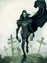 A tall, skeletal figure stands menacingly in a graveyard, wearing dark, tattered clothing and a hooded cloak. The character has a gaunt face with exaggerated features, including sharp cheekbones and a wide, sinister grin. In the background, weathered gravestones are partially obscured by mist, enhancing the eerie atmosphere of the scene.