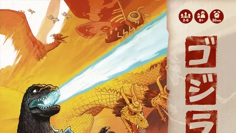 A dynamic illustration features Godzilla prominently in the foreground, unleashing a powerful atomic breath. Behind him, King Ghidorah soars with its three heads, while Mothra and Rodan are depicted in flight above. The game's title, "King of Tokyo Godzilla," is displayed prominently, along with the IELLO logo and player information in the top corner. The background is filled with vibrant colors, creating an intense atmosphere of battle among the iconic Kaijus.