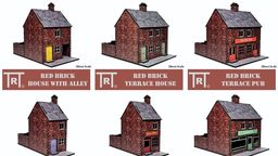 A collection of six 28mm scale MDF buildings is displayed, featuring a red brick design. The buildings include a "Red Brick House with Alley," "Red Brick Terrace House," "Red Brick Terrace Pub," "Small Red Brick Terrace House," "Small Red Brick Terrace Shop," and "Red Brick Terrace Store." Each building showcases distinct features, such as varying door colors and signage options, suitable for various historical genres.