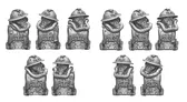 A collection of six 28mm scale Trench Raider miniatures, each wearing Brodie helmets with integrated gas masks. The figures display a variety of poses and details, including different gear and textures, showcasing both clean and damaged elements. The miniatures are designed for versatility in gameplay, suitable for various genres like alternate history and grimdark sci-fi.