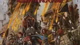 Warhammer: The Old World logo at the top in ornate gold and red lettering. Beneath it, the words “Roleplaying Game” in red capital letters. A fantasy battle scene shows a group of armored warriors and adventurers charging forward. Some wear plate armor, others leather or chainmail, and they carry swords, axes, shields, and spears. One figure in the foreground wields a flaming torch. A woman with red hair and a green cloak raises a sword. Several banners with gold trim and heraldic designs wave above them. In the background, a stone building with arched windows and a tower stands against a cloudy sky. At the bottom, the words “Talagaad Adventures” in white capital letters.
