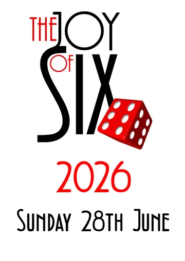 The design features the text "SIX" prominently, with the "S" and "I" in black and the "X" stylized to resemble a red die with white dots. Below, the year "2026" is displayed in bold red, followed by the date "Sunday 28th June" in a more elegant black font. The overall layout is clean and eye-catching, emphasizing the event's focus on small scale wargaming.