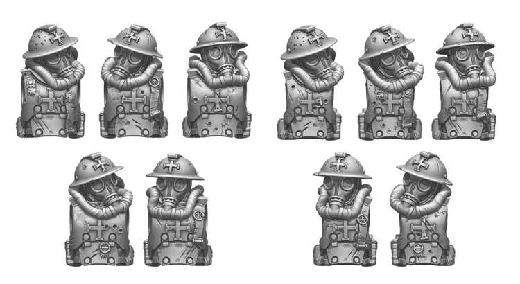 A collection of six 28mm scale Trench Raider miniatures, each wearing Brodie helmets with integrated gas masks. The figures display a variety of poses and details, including different gear and textures, showcasing both clean and damaged elements. The miniatures are designed for versatility in gameplay, suitable for various genres like alternate history and grimdark sci-fi.