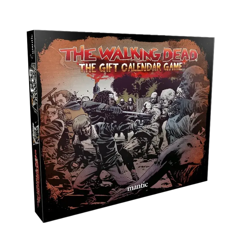 A box for "The Walking Dead: The Gift Calendar Game" features a dramatic illustration of characters engaged in a tense confrontation with zombies. The artwork showcases a chaotic scene with several figures wielding weapons, set against a backdrop of a desolate landscape. The title is prominently displayed at the top in bold red letters, with the Mantic logo at the bottom.