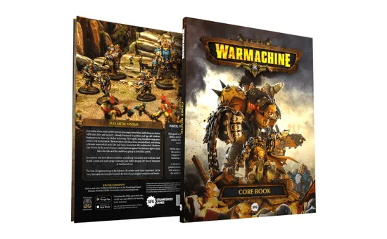 A hardcover rulebook for Warmachine is prominently displayed, featuring a striking cover with a large, armored warjack on the front. The back cover showcases a group of detailed miniatures in a rocky terrain, depicting various warcasters and constructs engaged in battle. Text highlights the core themes of the game, including its rich lore and the ongoing conflict in the Iron Kingdoms, while the spine of the book is labeled "CORE BOOK."