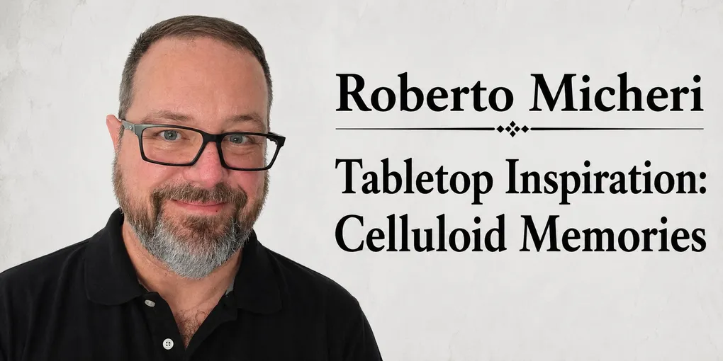 Man with glasses and beard, text "Roberto M Tabletop In Celluloid M"