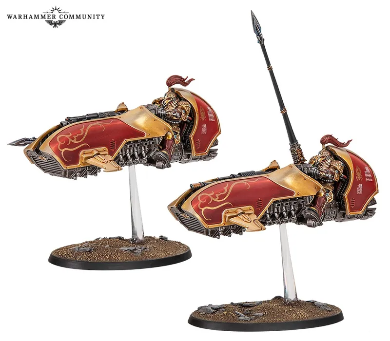 Two red and gold jetbikes with riders on bases.