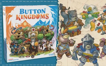 "Button Kingdoms" game box with cartoon animals and characters in armor.
