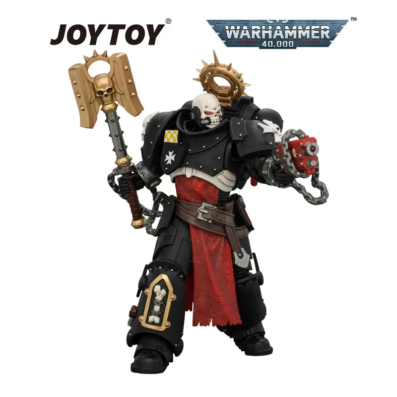 Armored figure with skull helmet, red cape, holding hammer and chain weapon, "JOYTOY WARHAMMER 40,000" text.