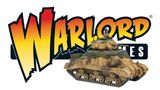 A detailed model of the M3 Grant medium tank is prominently displayed, featuring a camouflage paint scheme with earthy tones. A miniature figure of a soldier wearing a helmet and goggles is positioned on top of the tank, adding a dynamic element to the scene. The background features the bold, stylized text "WARLORD" in vibrant red and yellow, enhancing the overall visual impact.