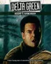 A close-up of the cover of the "Delta Green: Agent's Handbook," featuring a man with a shocked expression, his mouth open as if in mid-sentence. He is holding a book tightly in his hands, and the background depicts a dark, forested area, enhancing the sense of tension and mystery. The title "DELTA GREEN" is prominently displayed at the top, with the subtitle "A Role-Playing Game of Lovecraftian Horror and Conspiracy" at the bottom.