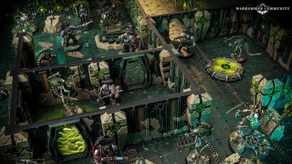 A detailed tabletop gaming scene features a futuristic battlefield with intricate terrain and structures. In the foreground, two armored figures wielding weapons stand ready, while several robotic Necron warriors are positioned strategically among the ruins. The environment is characterized by dark green and metallic colors, with glowing elements and a circular control panel in the center, enhancing the sci-fi atmosphere.