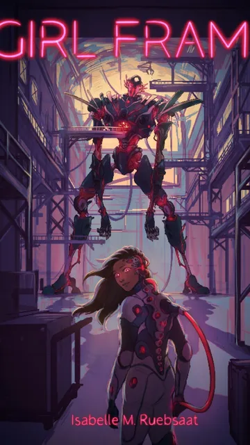 A futuristic industrial setting with a large red neon sign reading "GIRL FRAME" at the top. In the foreground, a woman with long brown hair and glowing red eyes wears a form-fitting suit with circular red accents and a red energy whip. Behind her, a towering red and black mech suit with glowing red eyes and sharp, angular limbs stands in a dynamic pose, as if ready for action. The background features metal scaffolding, pipes, and industrial structures, illuminated by a warm, glowing light.