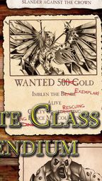 A collection of wanted posters is displayed against a wooden background, featuring various characters and bounties. The central poster, labeled "WANTED 500 Gold," depicts a winged figure named Imblen the Blade, with notes indicating they are alive and have been involved in rescuing others. The title "COMPLETE CLASS COMPENDIUM" is prominently featured at the bottom, emphasizing the focus on new adventurer classes.
