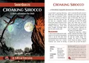 A cover design for "Croaking Sirocco," part of the ShortQuests series for Dungeons & Dragons, features a vibrant desert landscape with a large, glowing moon and twisted trees. The title is prominently displayed at the top, with a subtitle indicating it is a short adventure for 4-5 players of 5th level. The background includes a brief description of the adventure's setting and credits for the contributors, all set against a visually striking backdrop that captures the essence of a mysterious and threatening environment.